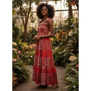 Boho Plaid Maxi Dress Smocked Bodice Tie-Shoulder Tiered Gingham Red Pink Large